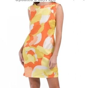 MaxSport Retro Floral Sleeveless Abstract Orange and Yellow Shift Dress